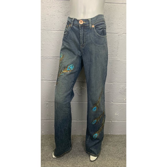 Z. Cavaricci Authentic Vintage Painted Rhinestone Peacock Jeans Mid Rise Size 10 - Picture 3 of 14